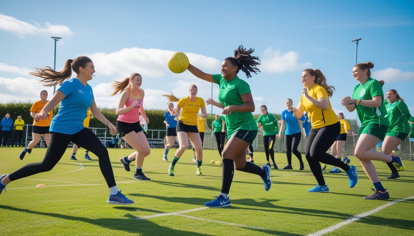 A group of people playing various uncommon team sports on a bright outdoor field, including rounders, netball, and Gaelic football.