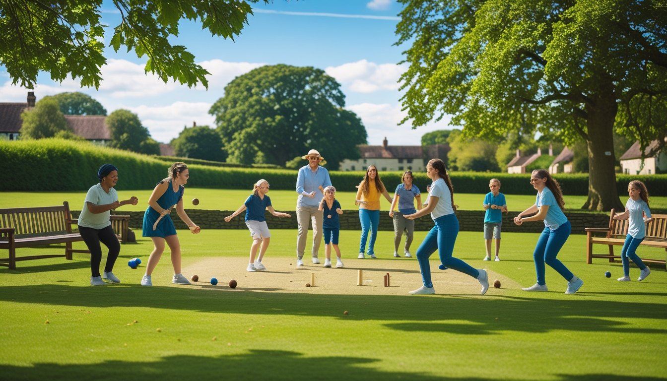 People of different ages playing traditional outdoor games like cricket and conkers on a sunny grassy field in a park with trees and countryside in the background.