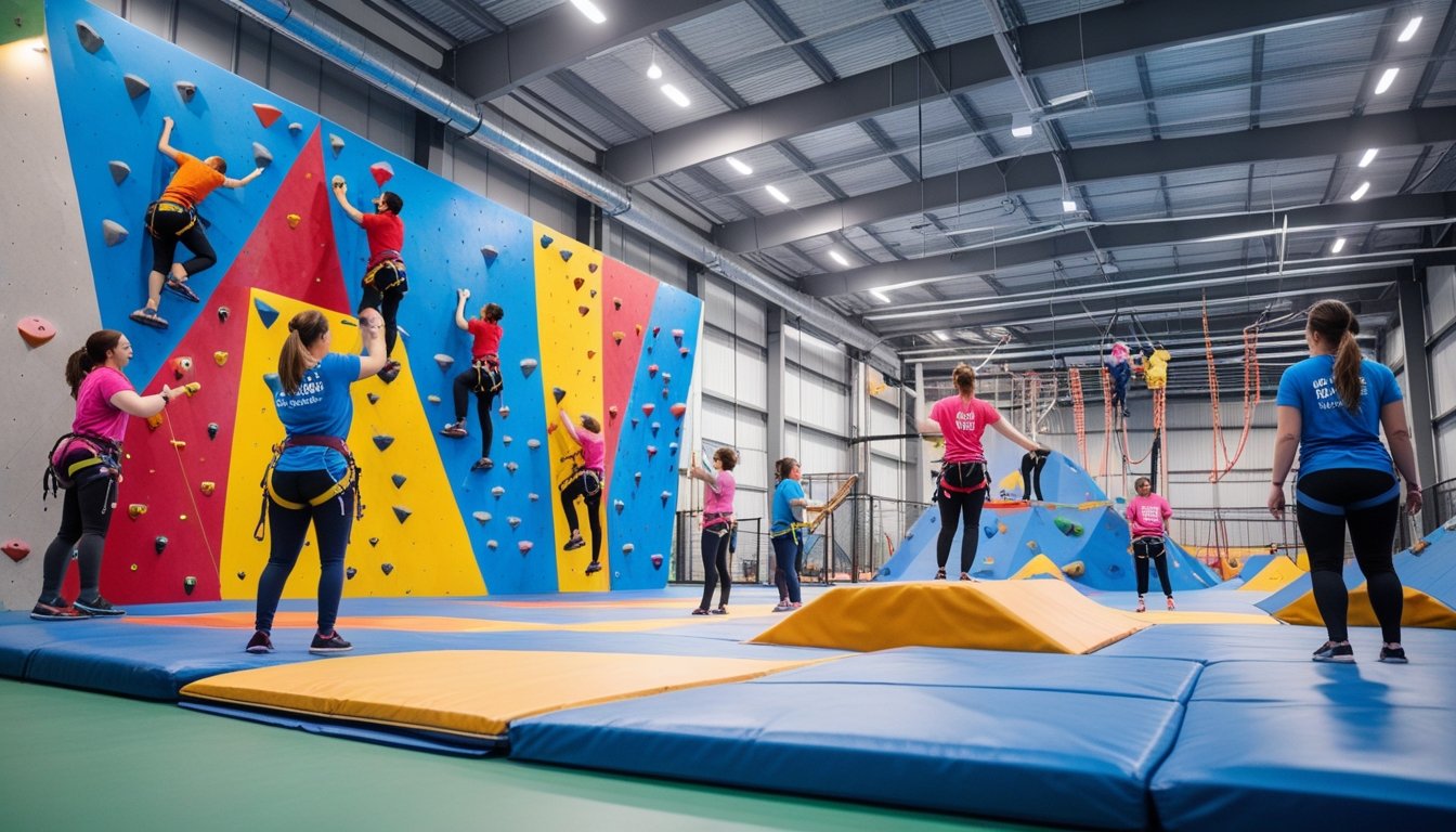 People enjoying indoor rock climbing and ropes course activities inside a modern adventure sports centre.