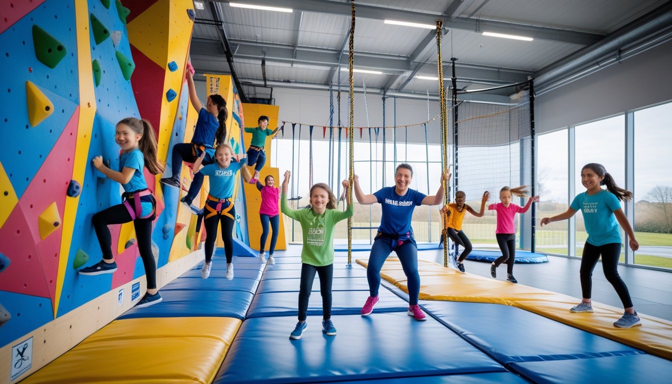 A group of people enjoying climbing walls, ropes courses, and trampolines inside a bright indoor activity centre in the UK.