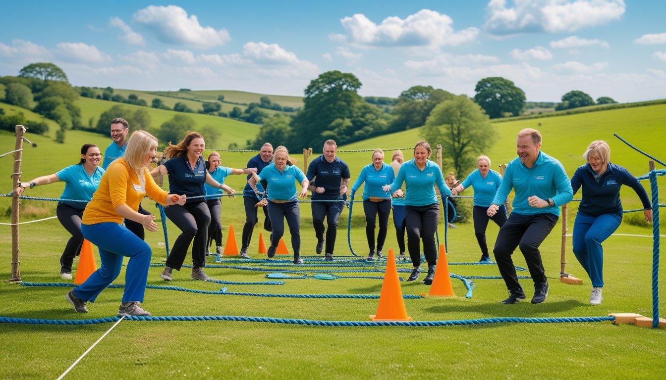 A group of people taking part in outdoor team building activities in a green countryside setting with hills and trees under a blue sky.