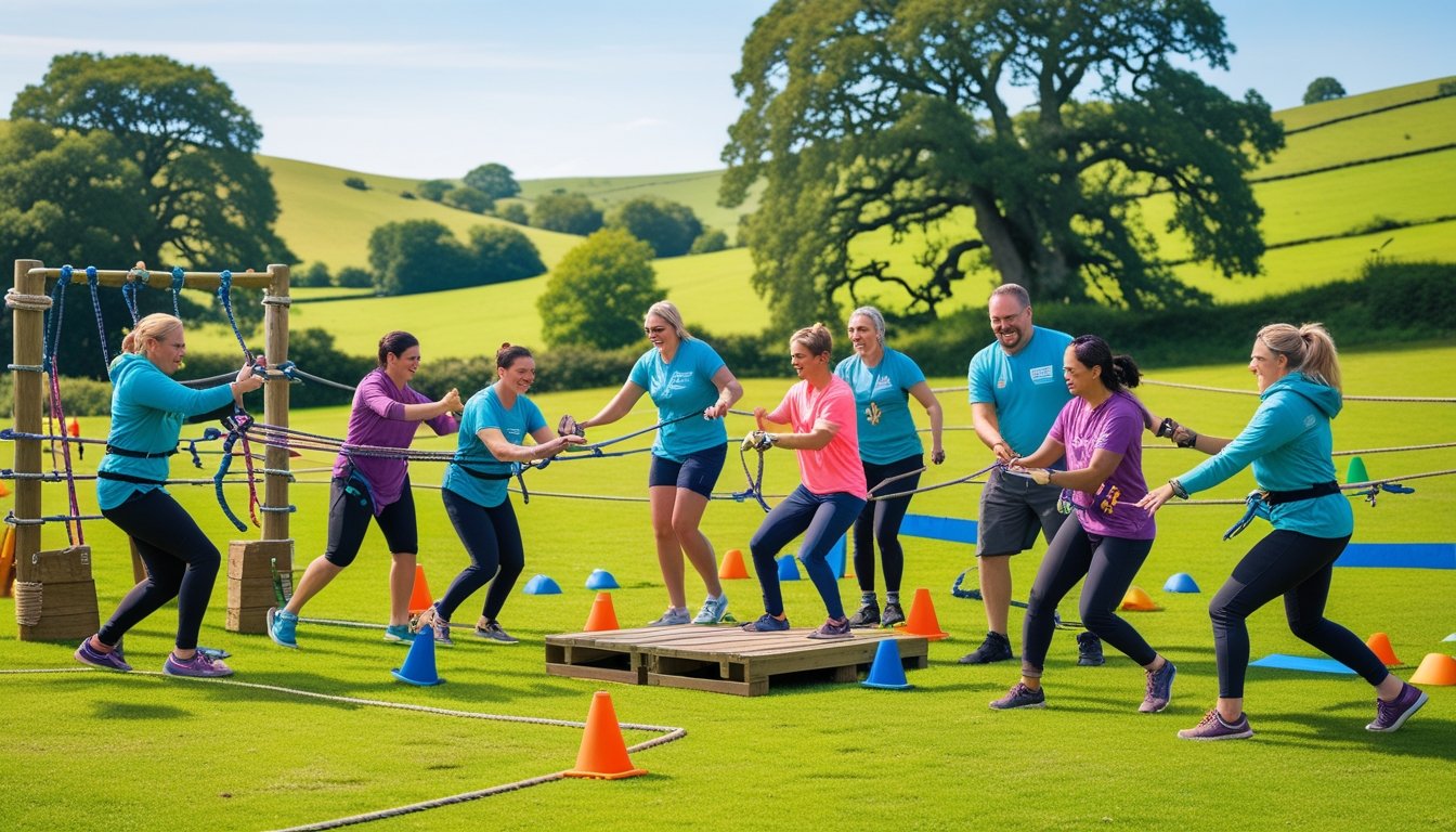 A group of adults working together outdoors on team-building challenges in a green countryside setting with hills and trees.