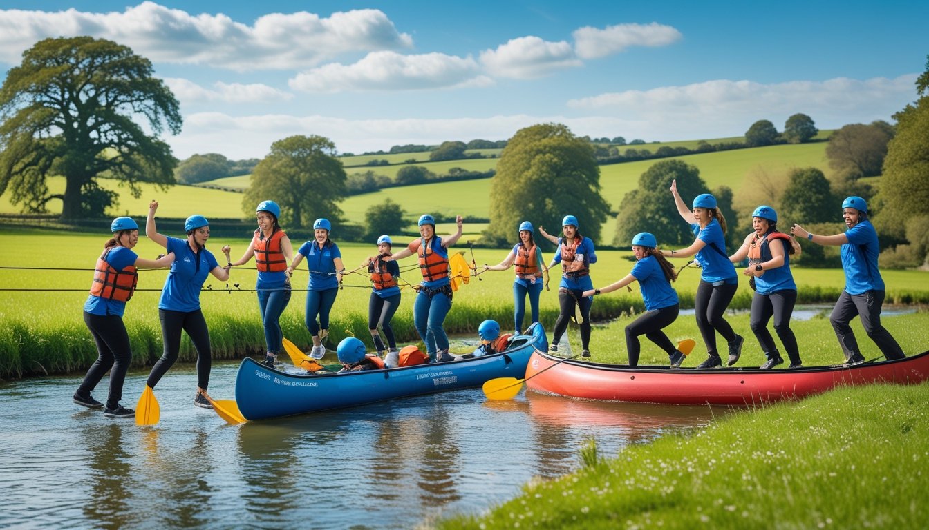 A group of colleagues participating in various outdoor team building activities in a green countryside with hills and trees.