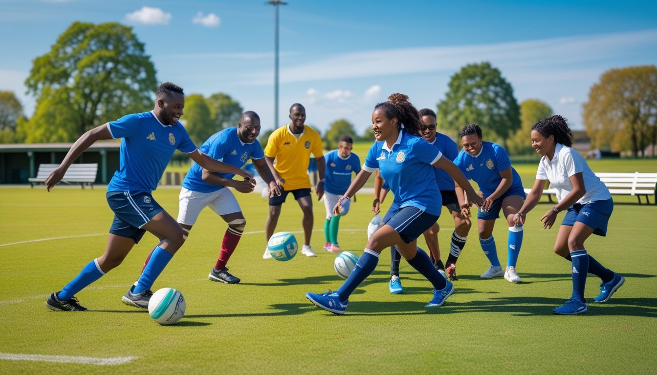 A diverse group of people playing football, rugby, and cricket together on a sunny outdoor sports field.