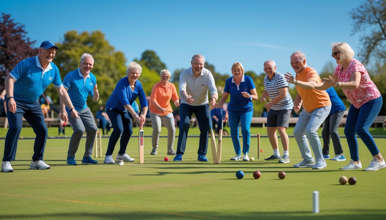 A group of adults playing traditional UK sports like cricket and rugby together outdoors on a sunny day.