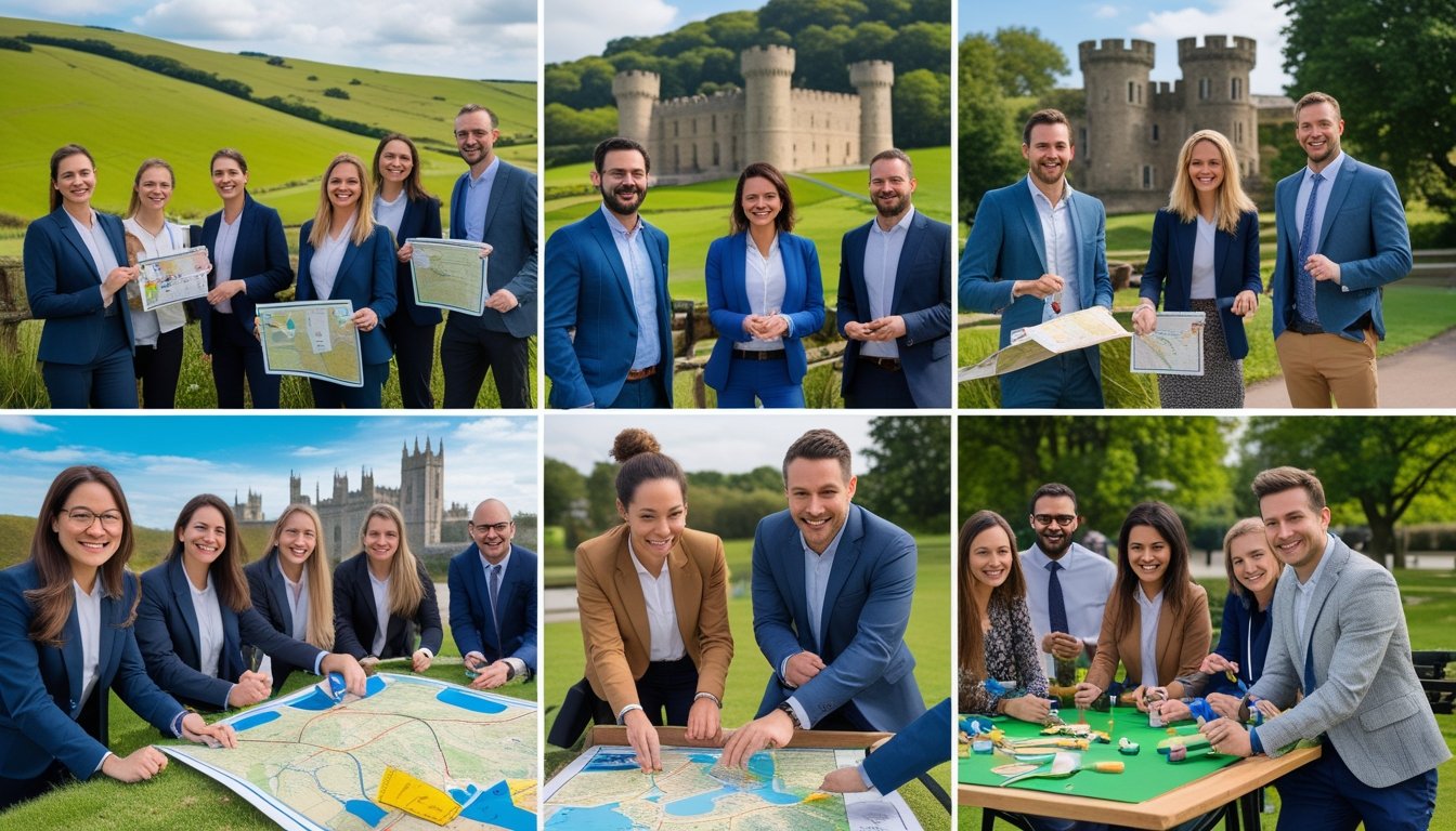A group of colleagues enjoying various team-building activities outdoors in different UK locations, including countryside hills, a castle, and a city park.