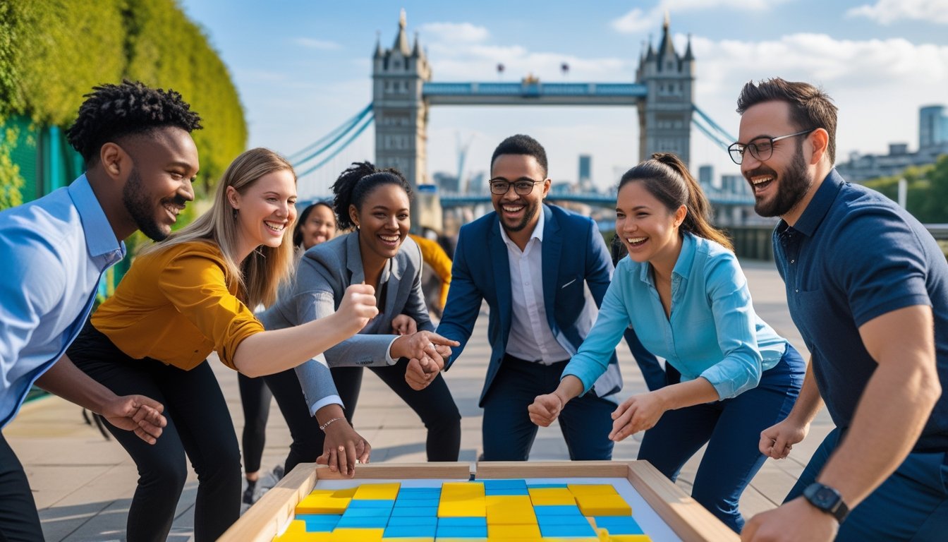 A diverse group of people working together outdoors near London landmarks, enjoying a team-building activity.
