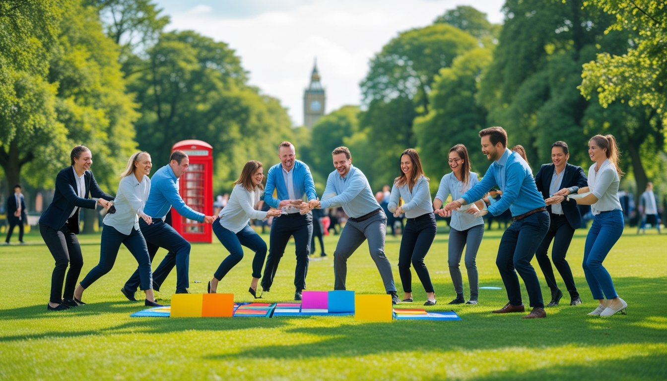 A diverse group of UK office colleagues enjoying outdoor team-building activities together in a park.