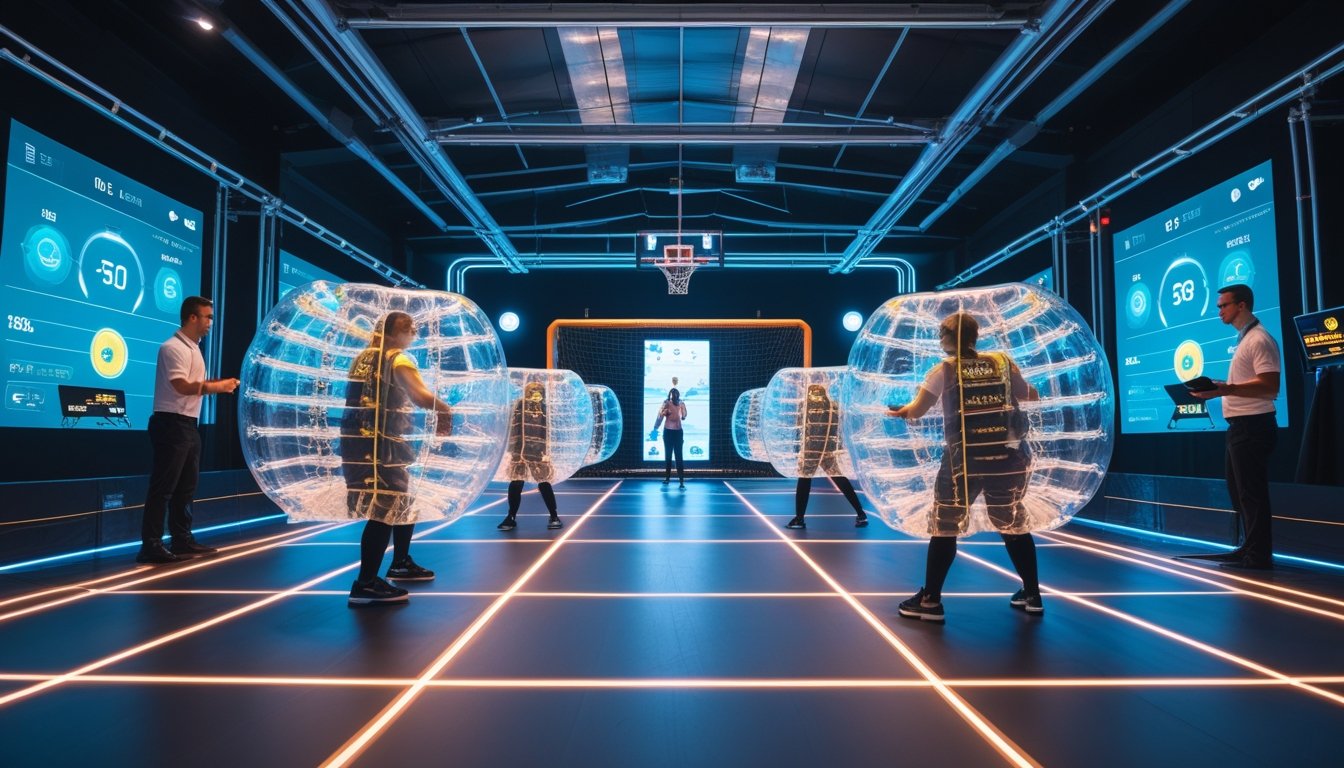 Players wearing transparent inflatable bubble suits with LED lights playing in a modern indoor bubble sports arena with digital screens and technicians monitoring technology.