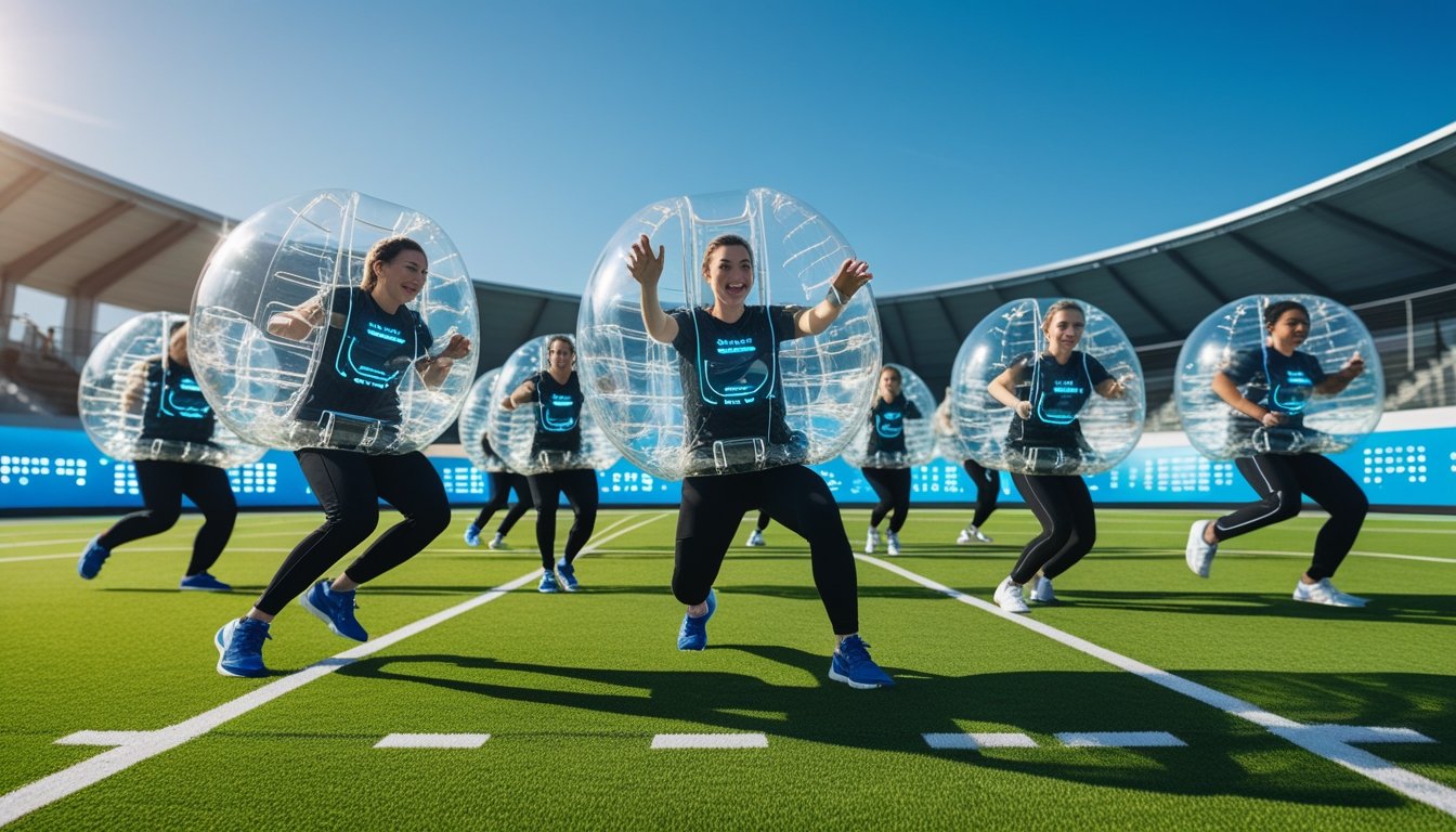 A group of athletes wearing transparent bubble suits playing a sport on a grassy field with digital screens in the background.