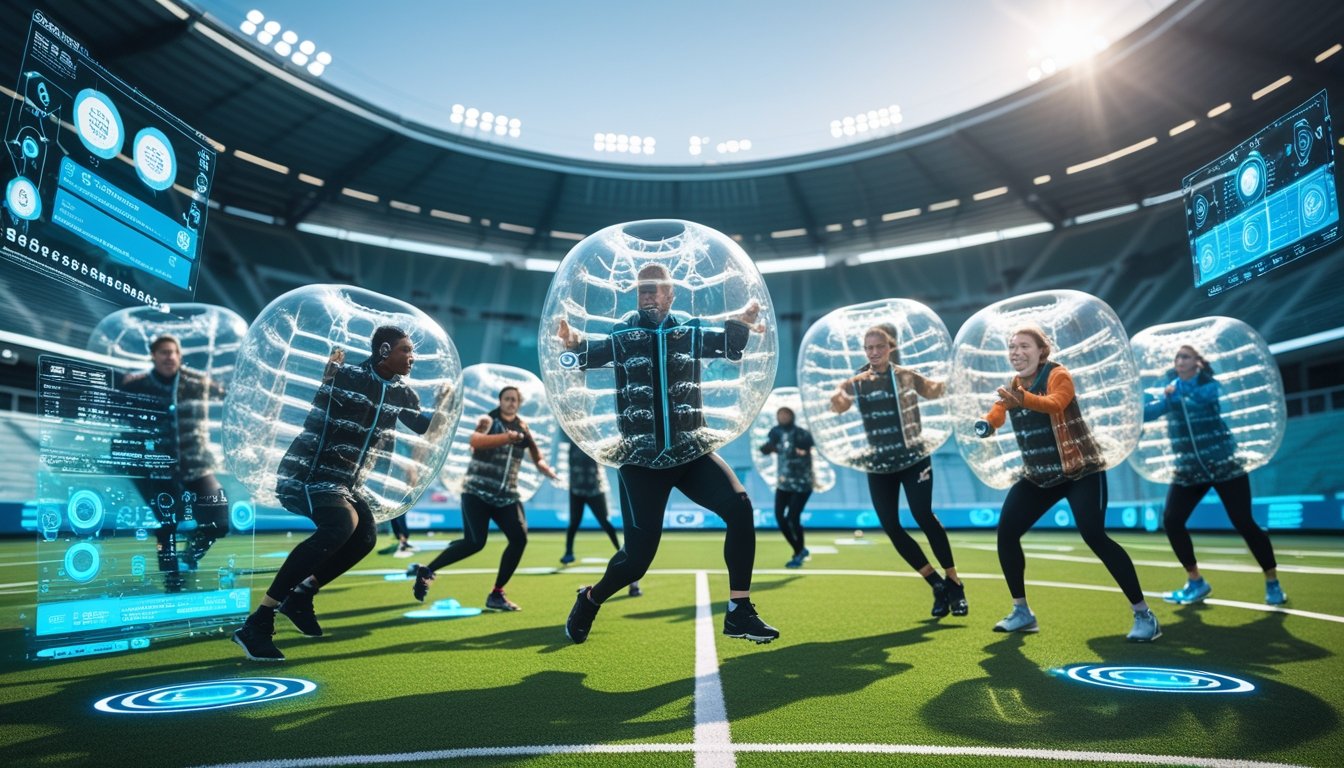 Athletes wearing transparent inflatable bubble suits playing a game on an outdoor sports field with futuristic digital displays in the background.