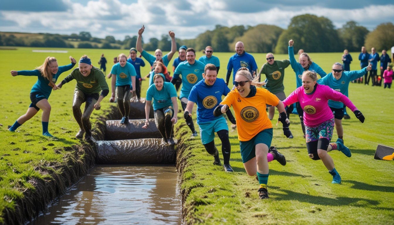 Groups of people playing unusual team sports outdoors, including bog snorkeling, cheese rolling, and swamp soccer on green fields with spectators watching.