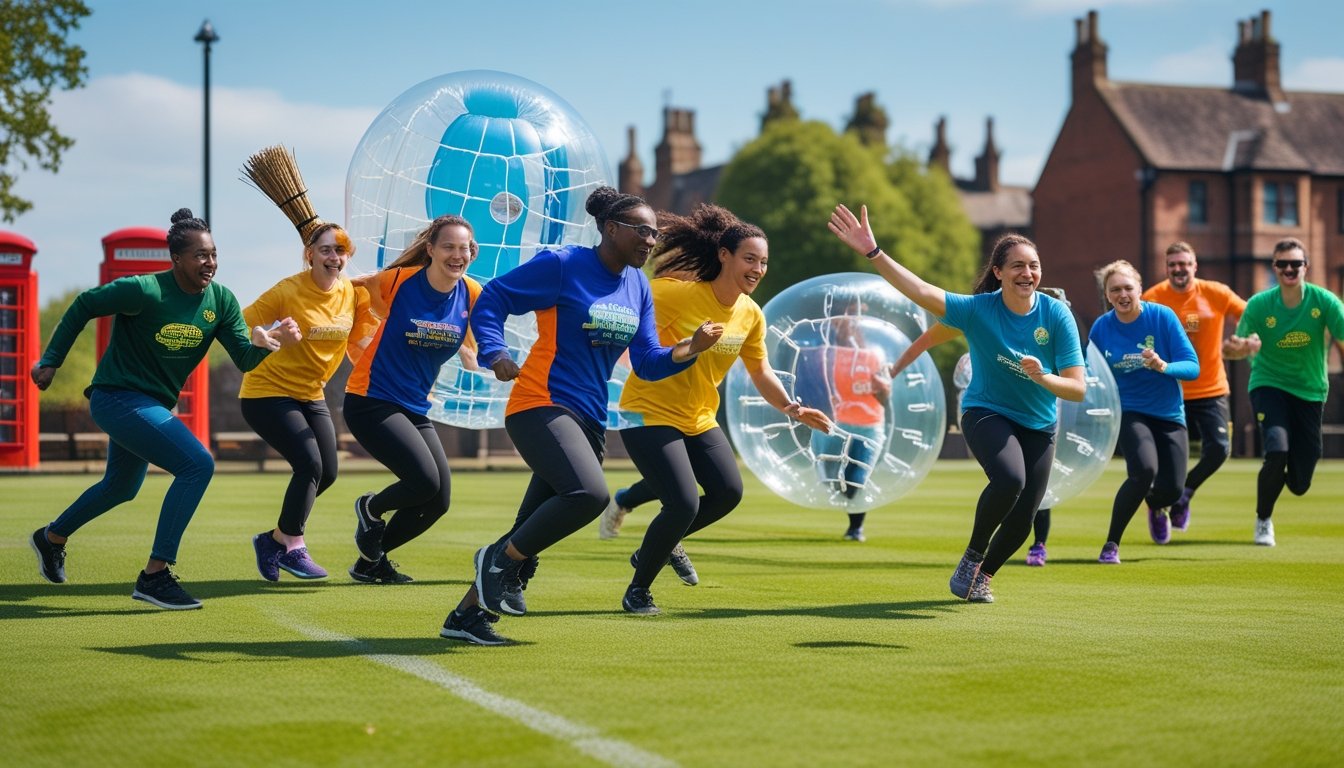 A group of people playing unusual team sports outdoors on a green field in the UK, including quidditch, bubble football, and ultimate frisbee.