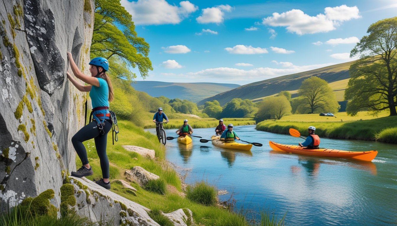 People enjoying outdoor adventure activities in the UK including rock climbing, kayaking, mountain biking, and camping in a natural landscape with hills and trees.