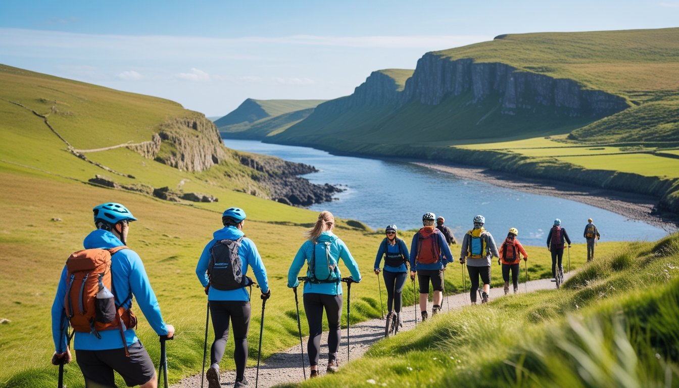 A group of people hiking and mountain biking on green hills and rocky cliffs near a river in the UK countryside.