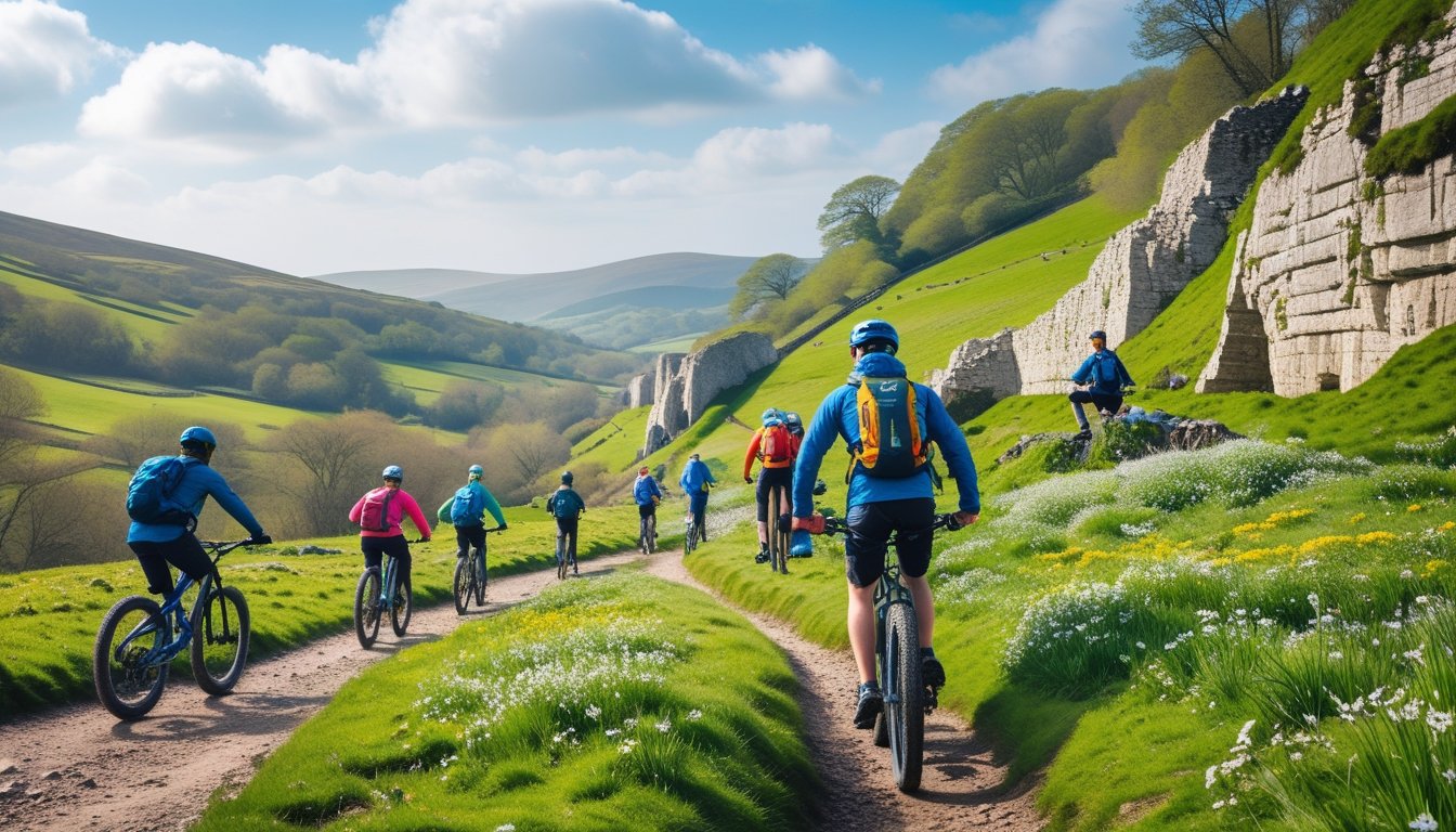 A group of people mountain biking, rock climbing, and hiking in a green UK countryside with rolling hills and stone walls under a blue sky.