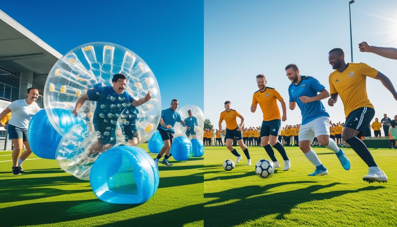 Players participating in bubble sports and traditional football on a green field with spectators watching in the background.