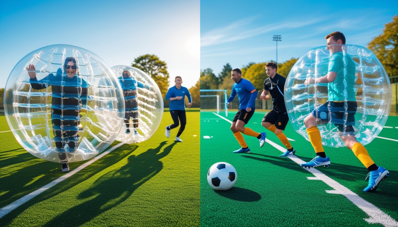 Outdoor sports field with players in inflatable bubbles playing bubble football on one side and traditional football players running with a ball on the other side.