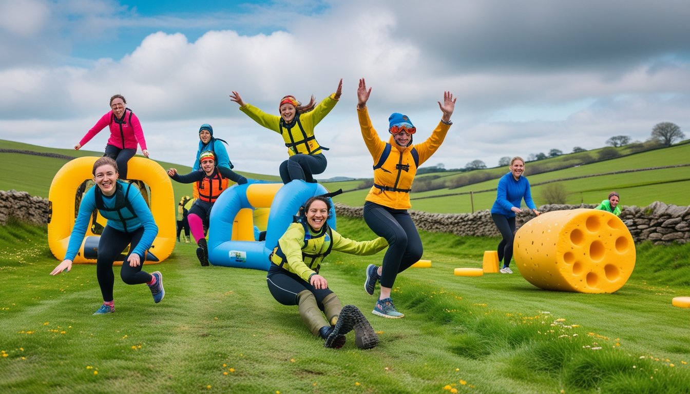 People enjoying unusual outdoor sports in a green UK countryside with hills and cloudy sky.
