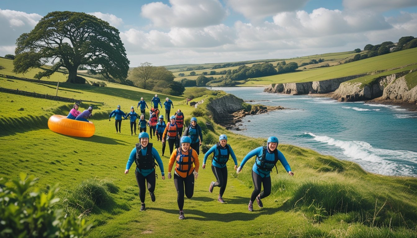 People enjoying unusual outdoor sports like zorbing, coasteering, and wild swimming in a green UK countryside with hills, cliffs, and a lake.