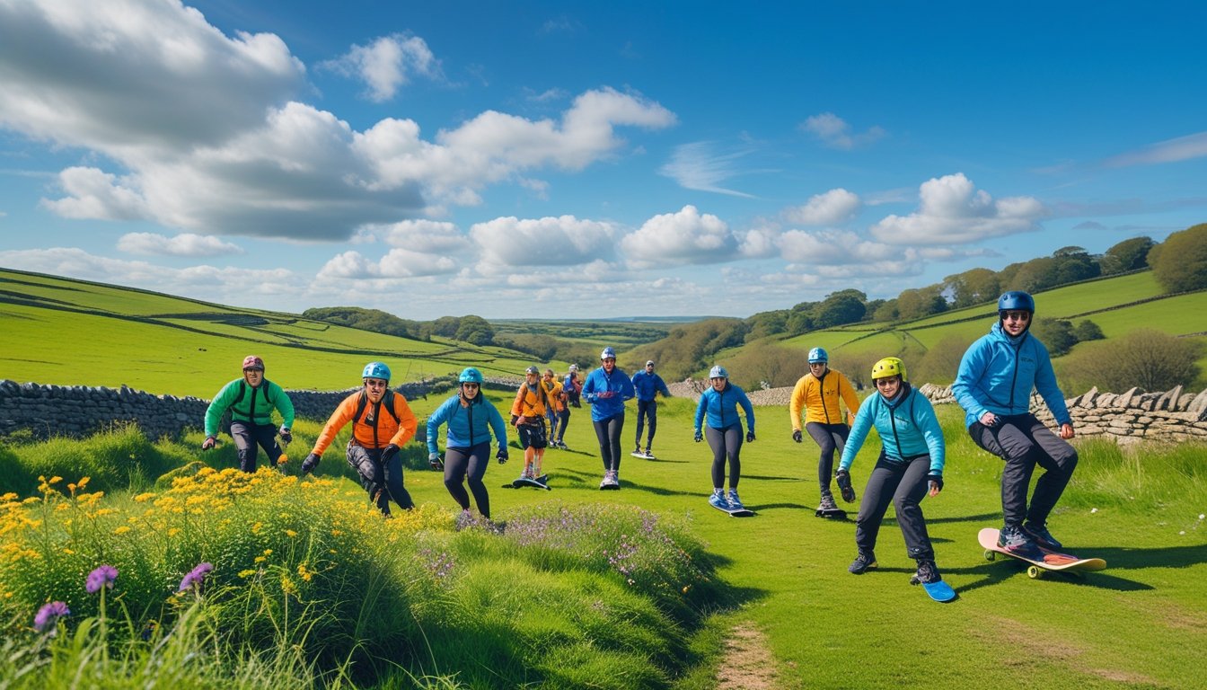 People taking part in unusual outdoor sports like bog snorkeling and kite buggying in a green countryside with hills and blue sky.