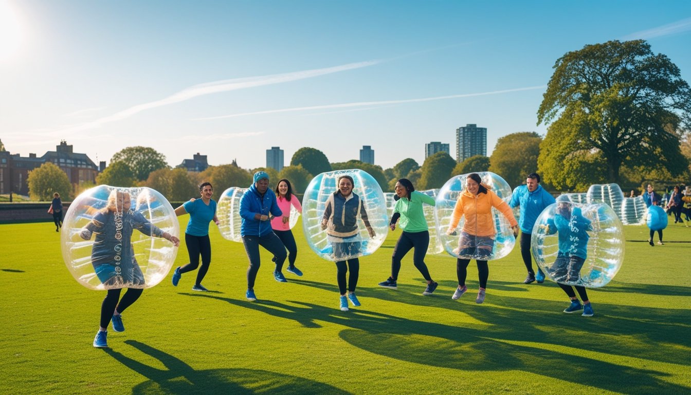People of different ages playing bubble sports outdoors in a green park in the UK, wearing large inflatable bubbles and having fun.