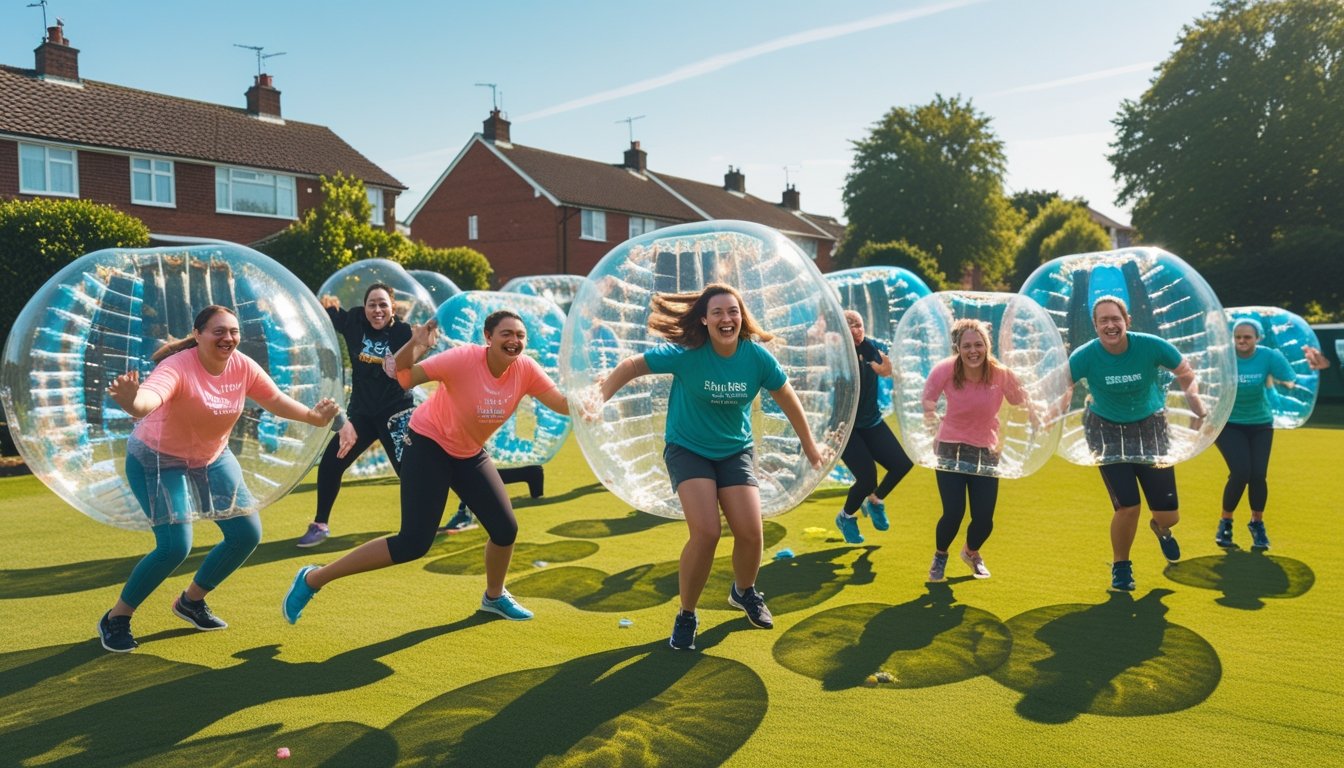 People playing bubble sports outdoors on a grassy field in the UK, wearing large transparent inflatable bubbles and enjoying the activity.
