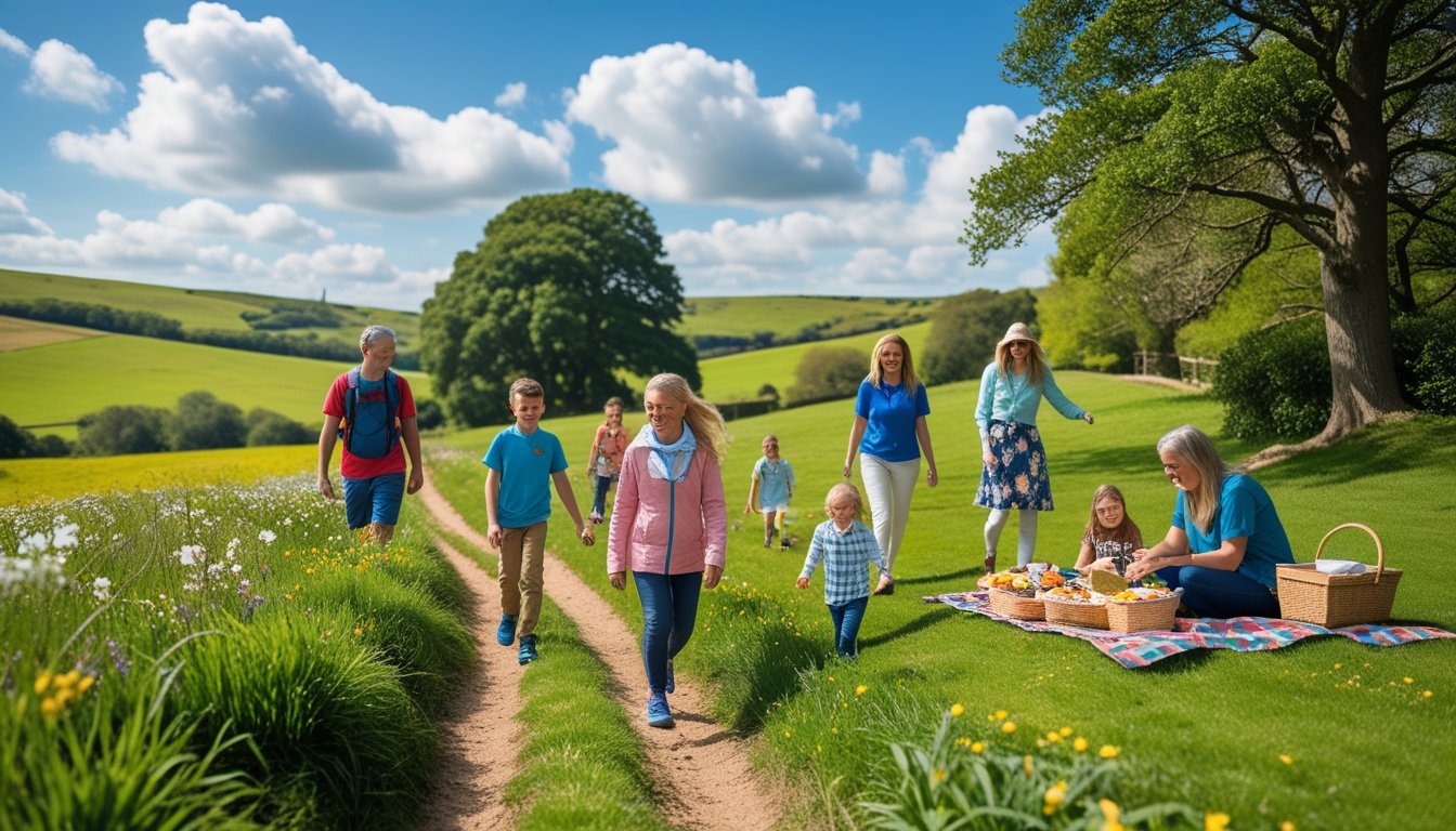 A family hiking, picnicking, and exploring a green countryside landscape with rolling hills and trees under a blue sky.