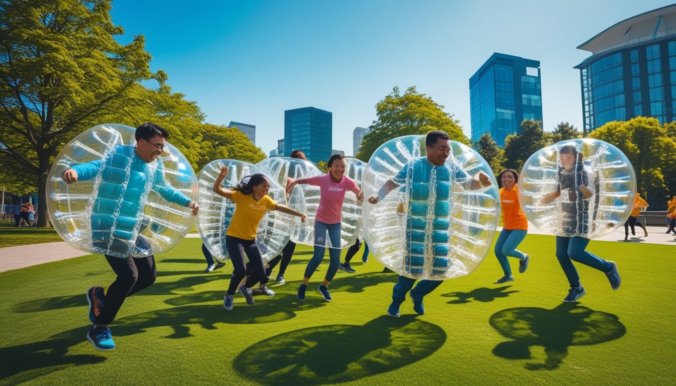 People of different ages and backgrounds playing bubble sports in a park, wearing large inflatable bubble suits and enjoying an active outdoor game.