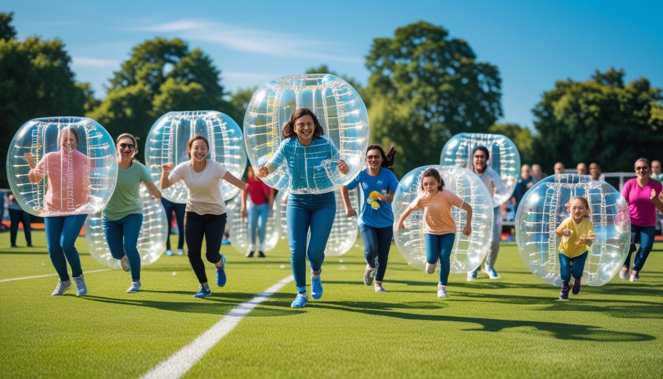 People playing bubble sports outdoors on a green field, wearing large inflatable bubbles and enjoying a sunny day.