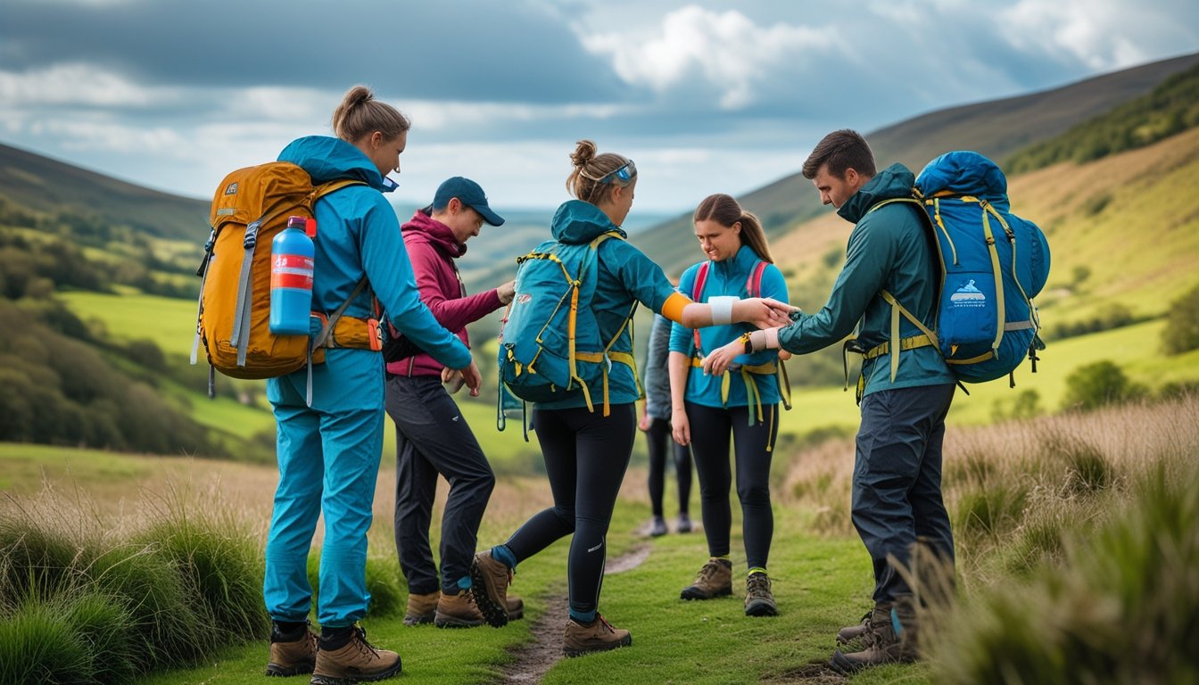 A group of people wearing outdoor gear in a green hilly landscape, preparing for a hike and applying a bandage for injury prevention.