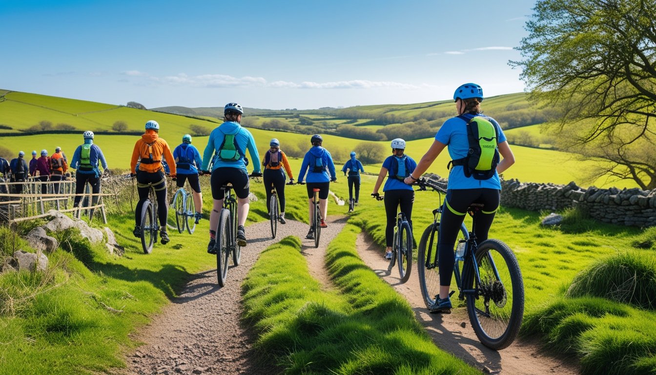 People wearing safety gear participating in outdoor sports like cycling, hiking, and rock climbing in the UK countryside with hills and trees in the background.