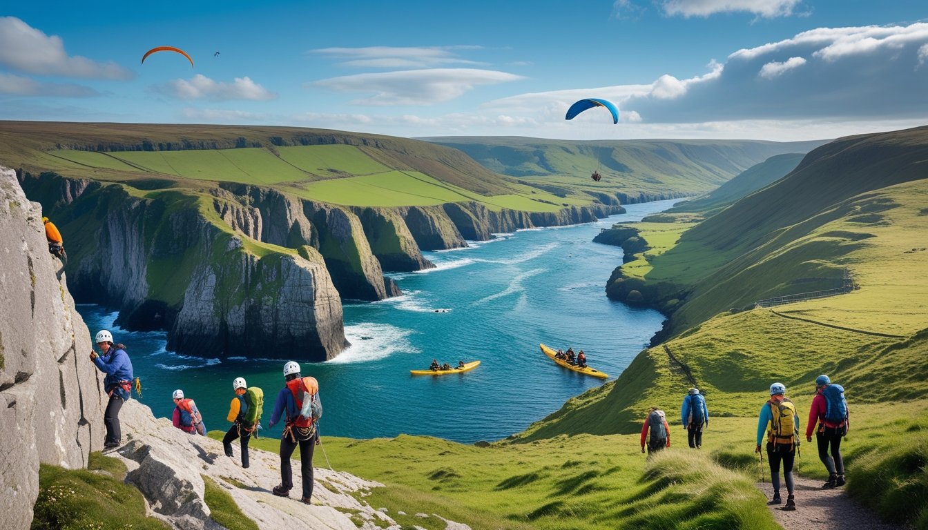 A diverse UK landscape with cliffs, hills, river, and forest showing people rock climbing, kayaking, hiking, and paragliding.