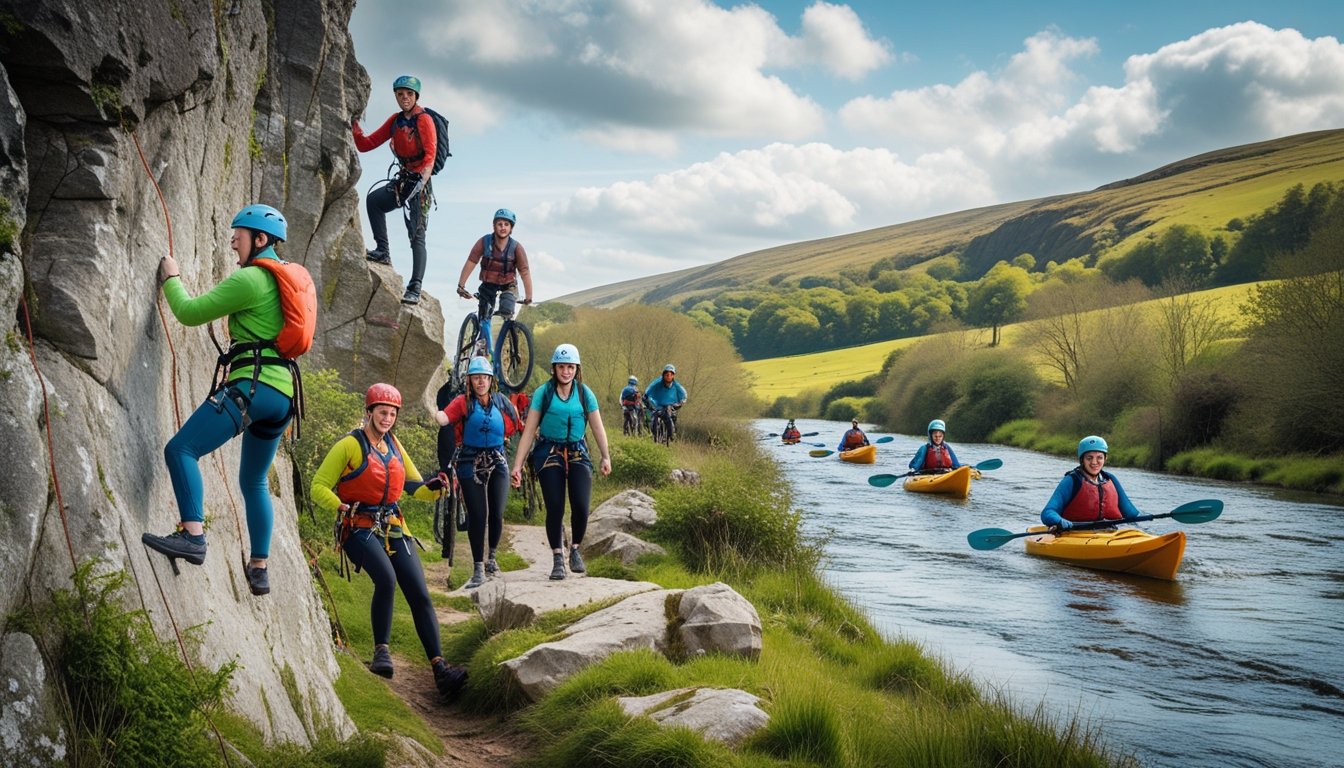 A group of people enjoying outdoor adventure sports like rock climbing, mountain biking, and kayaking in a green, hilly UK landscape.