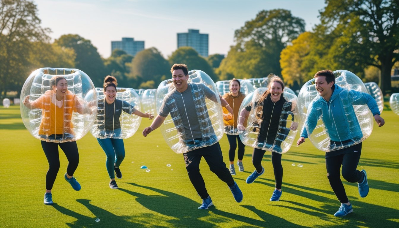Group of young adults playing bubble football outdoors in a green park in the UK on a sunny day