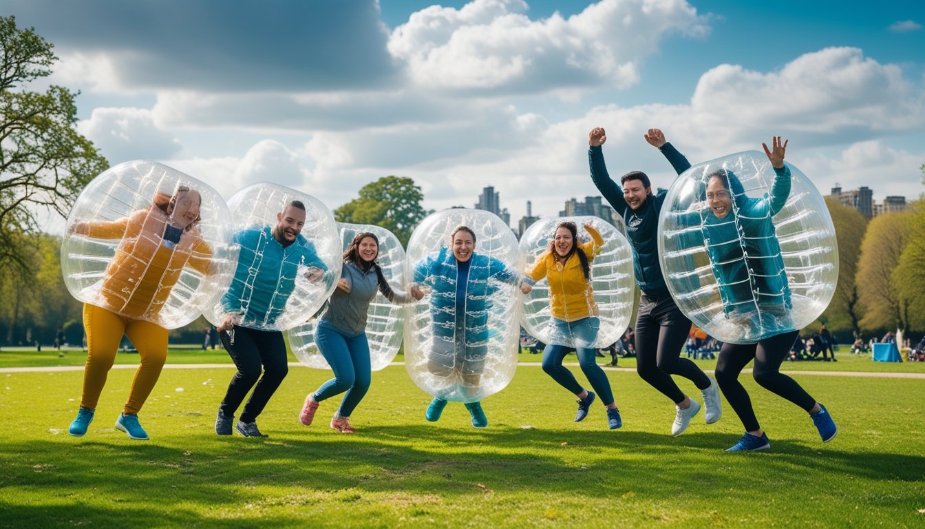 A group of people wearing large inflatable bubbles playing and bouncing in a green park in the UK.