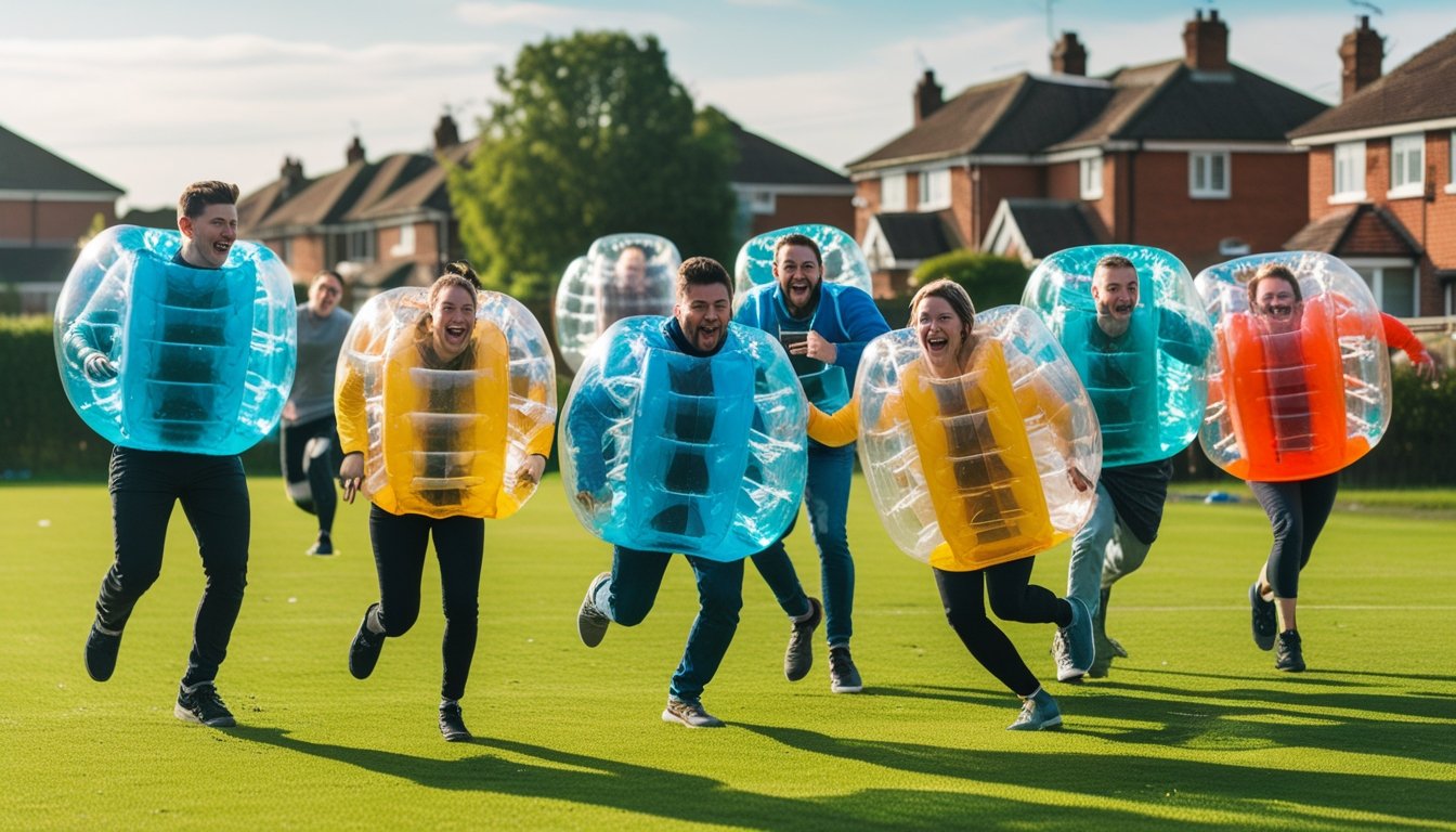 A group of young adults playing bubble football on a green field with houses and trees in the background.