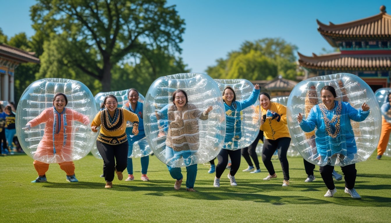 A group of people from different cultures playing bubble sports outdoors in a park, wearing inflatable bubble suits and enjoying the game together.