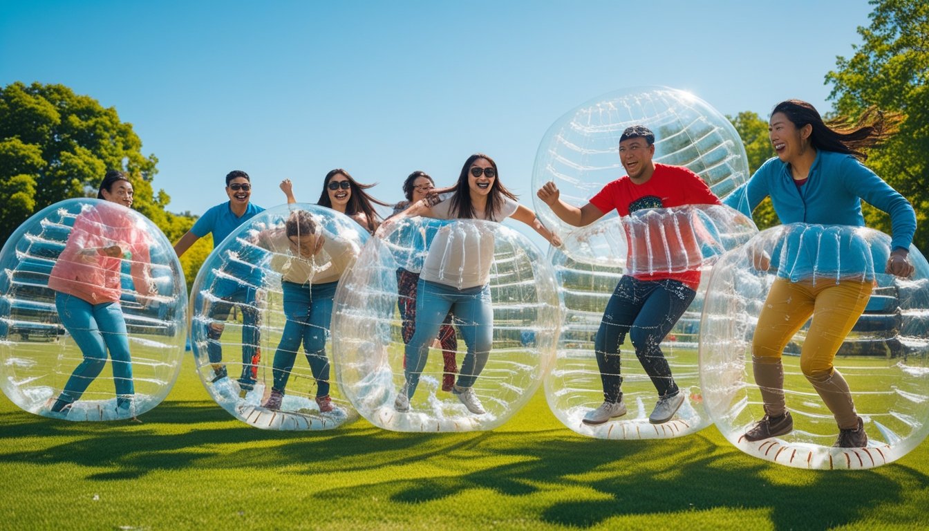 A diverse group of people playing bubble sports outdoors in a sunny park, wearing large inflatable bubbles and enjoying the activity together.