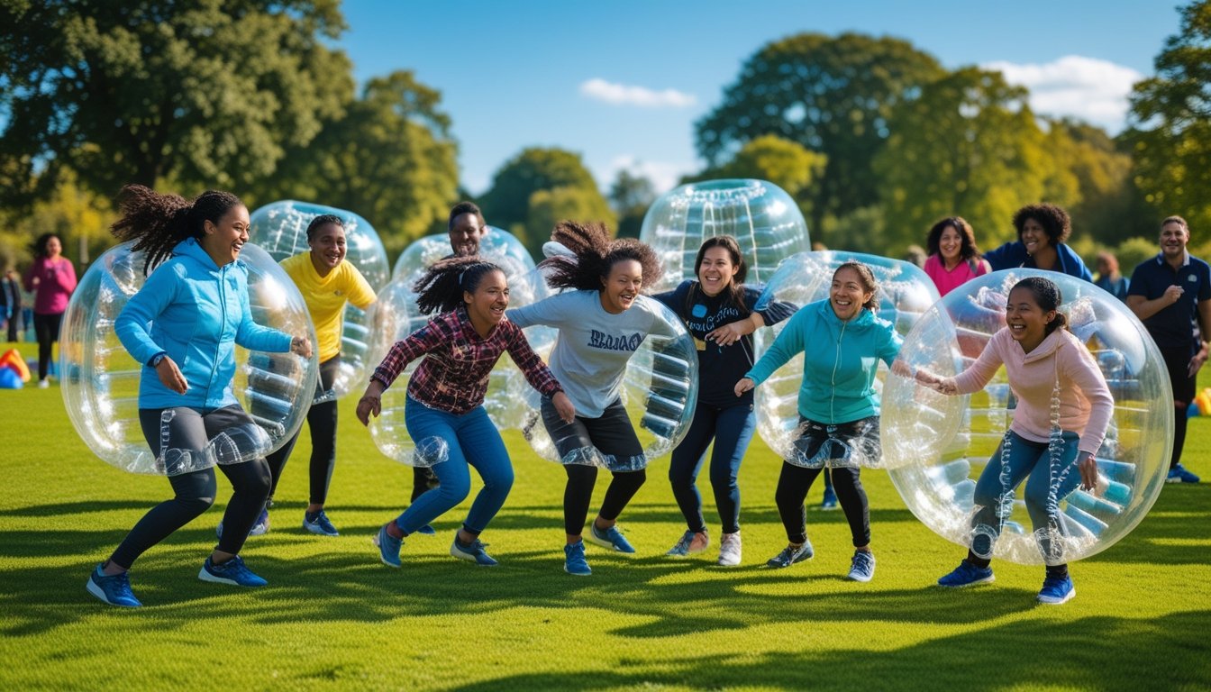 A diverse group of people playing bubble sports outdoors in a sunny park, wearing large inflatable bubble suits and enjoying themselves.