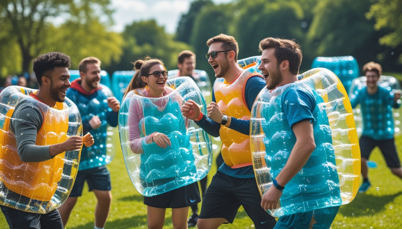 A group of young adults wearing inflatable bubble suits playing and preparing for a bubble sports event in a grassy park.