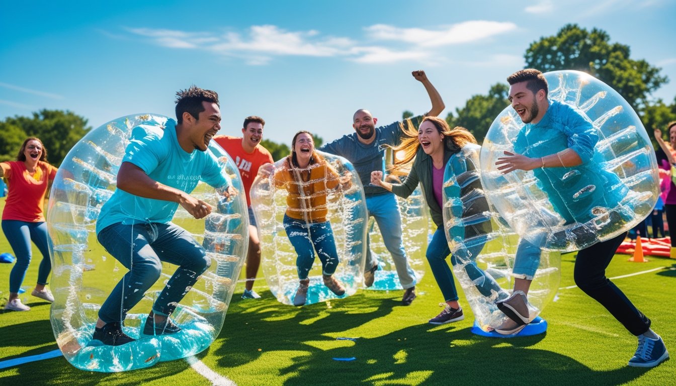 A group of people wearing inflatable bubble suits playing and having fun on a green field outdoors, with spectators watching and cheering.