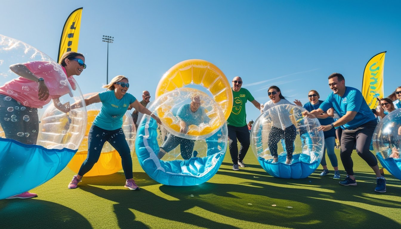 A group of adults playing bubble sports outdoors on a green field, wearing inflatable bubble suits and enjoying the game.