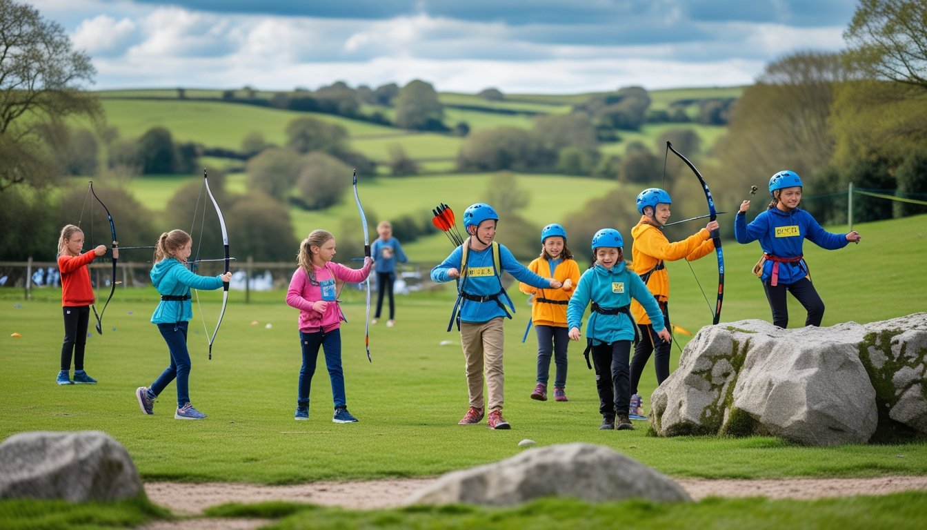 Children enjoying various outdoor sports activities such as archery, orienteering, and rock climbing in a green park in the UK.
