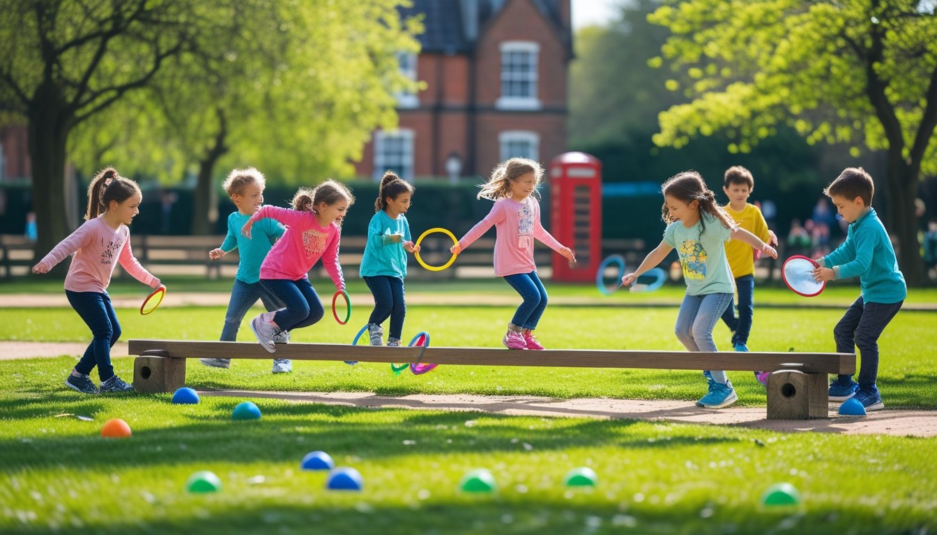 Children playing unique outdoor games together in a green park in the UK on a sunny day.