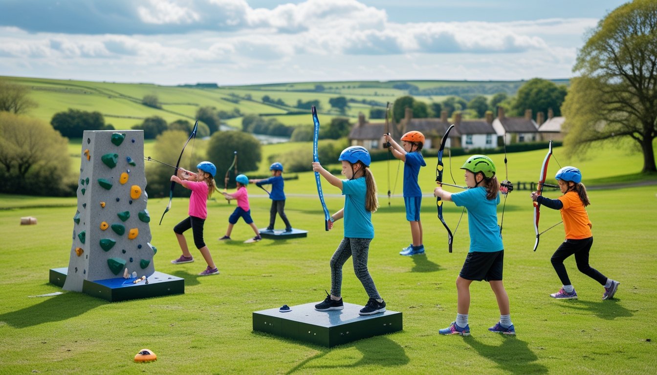 Children playing various outdoor sports like archery and climbing in a green park with hills and trees in the UK countryside.