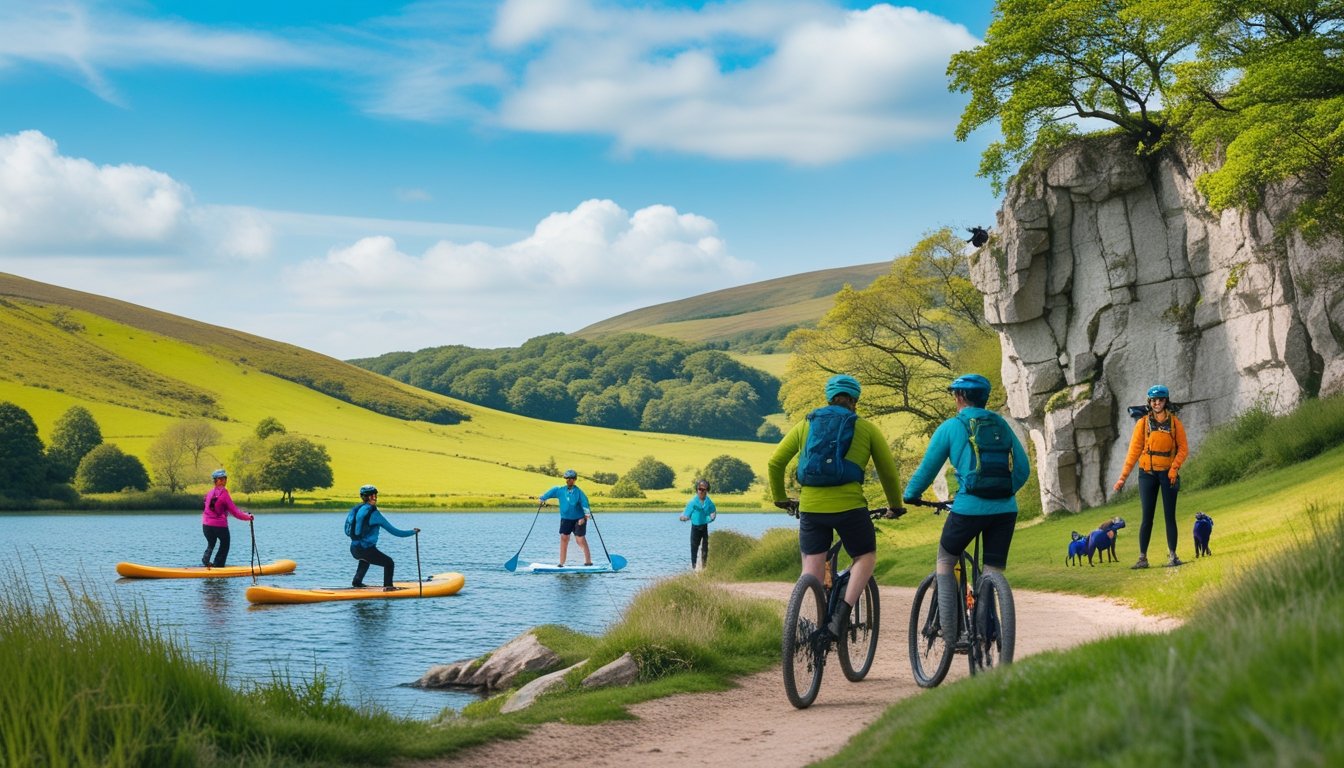 People enjoying various outdoor activities including paddleboarding, mountain biking, rock climbing, and birdwatching in a green hilly landscape with a lake and forest under a blue sky.