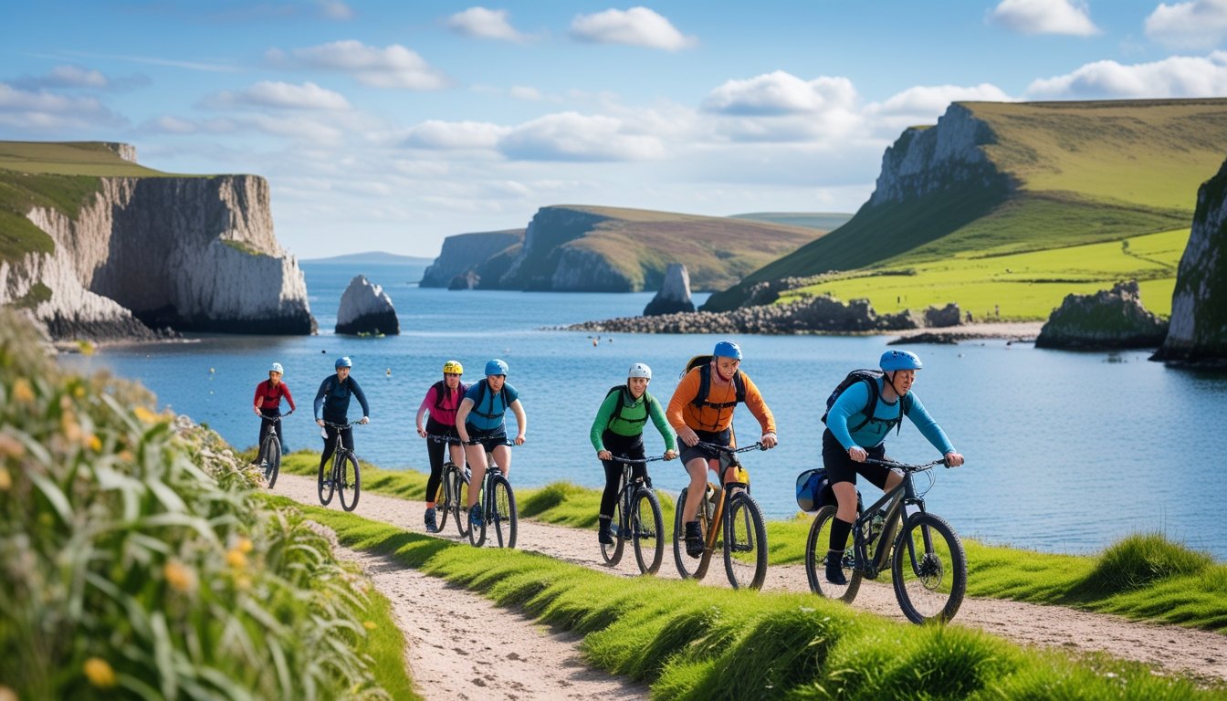 People enjoying alternative outdoor activities like coasteering, mountain biking, and paddleboarding in iconic UK natural landscapes with cliffs, forests, and hills.