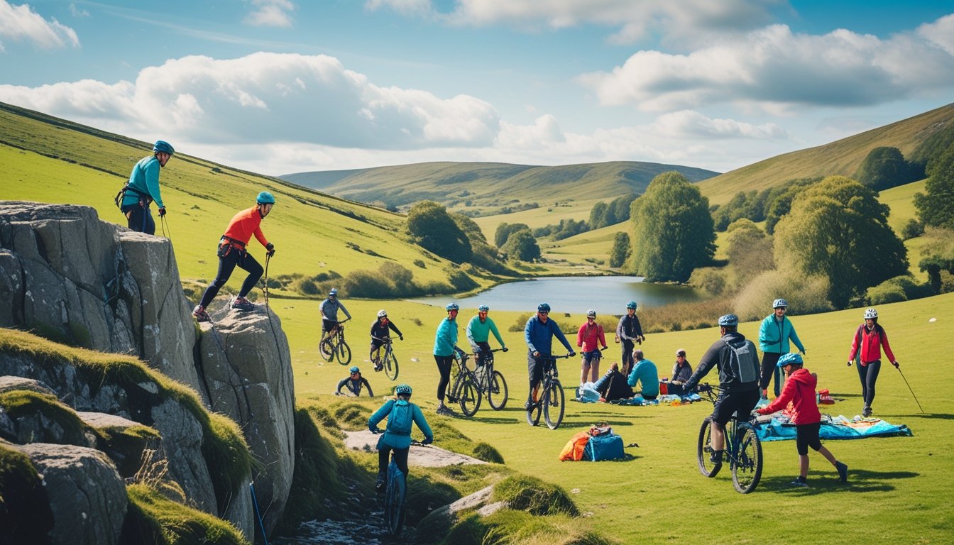 People enjoying various outdoor activities like rock climbing, mountain biking, and picnicking in the green UK countryside on a clear day.
