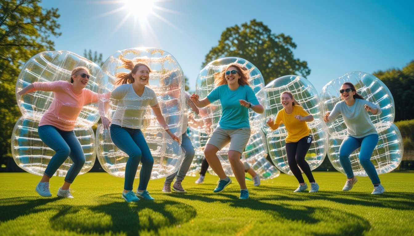 A group of people wearing inflatable bubble suits playing and laughing together on a grassy field outdoors.